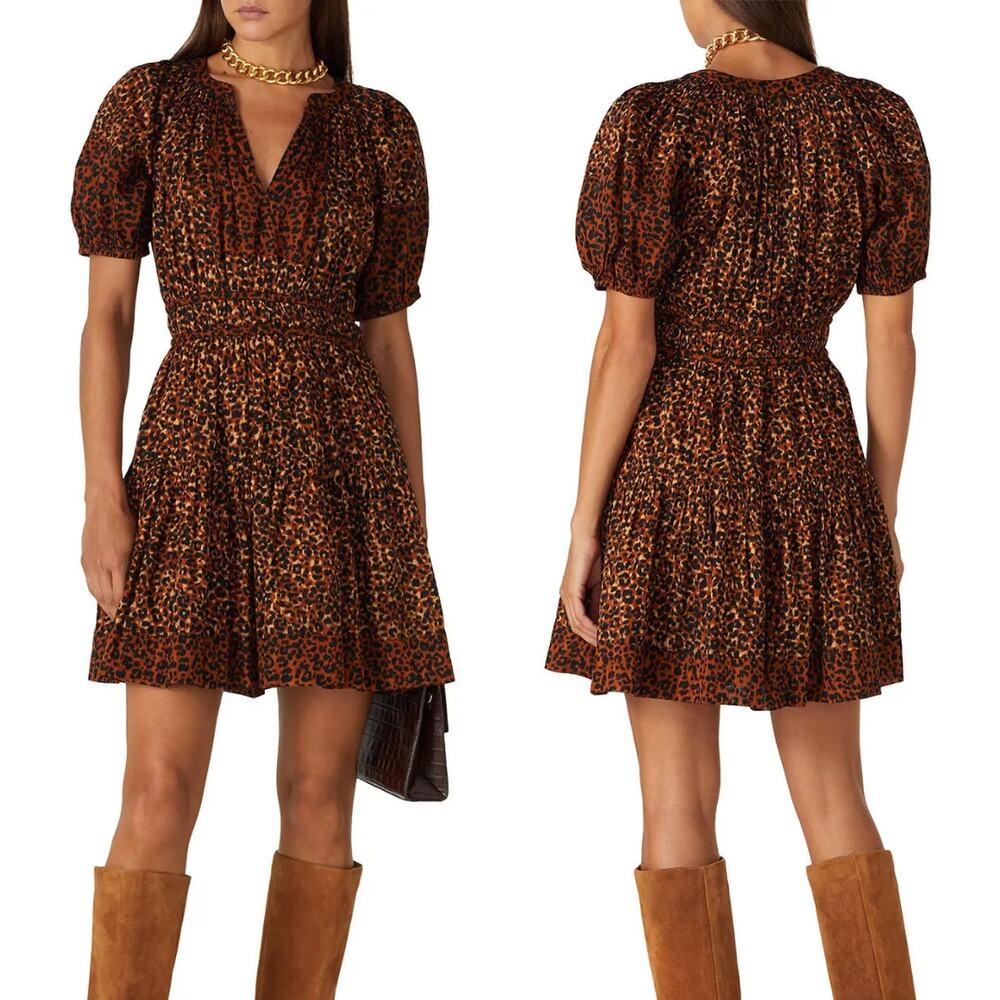 Ulla Johnson NWT Mariana Leopard Animal Print Puff Sleeve Fit & Flare Dress